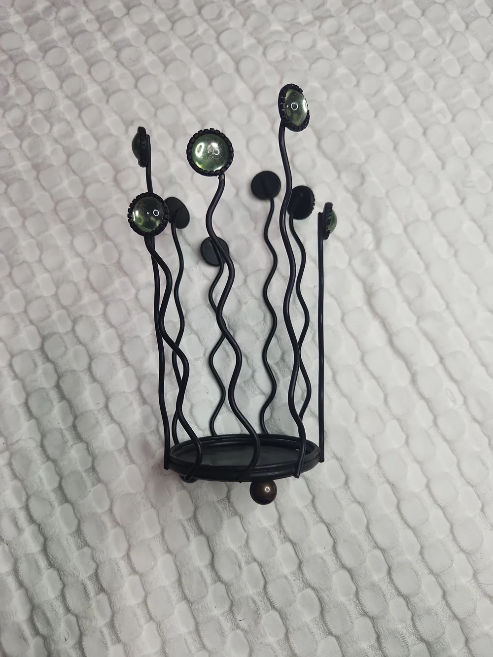 Wavy Black Metal Candle Holder with Green Glass Accents